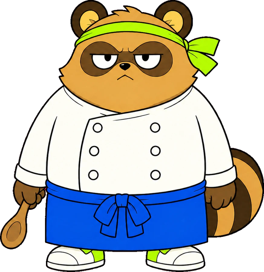 La mascotte Tanuki en tenue de chef